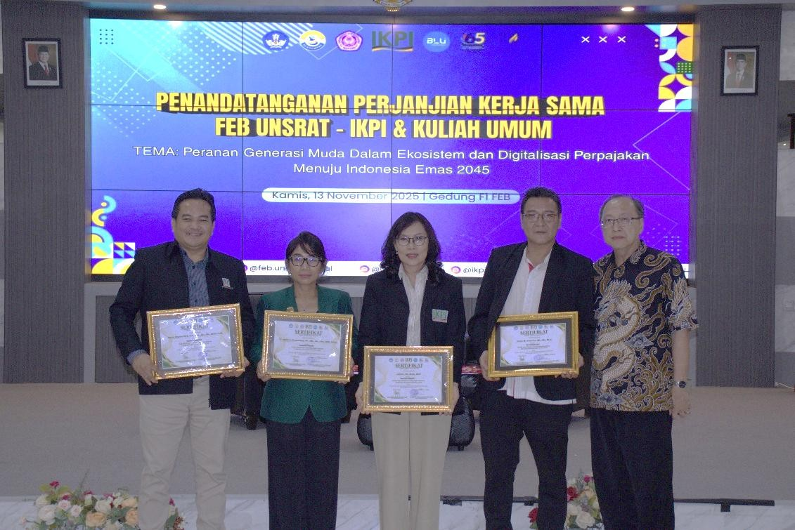 FEB UNSRAT Gelar Kuliah Umum dan Penandatanganan PKS Bersama IKPI, Bahas Peranan Generasi Muda dalam Ekosistem dan Digitalisasi Perpajakan Menuju Indonesia Emas 2045